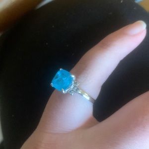 Natural Fusion Aqua Blue Quartz, rhodium plating, size 7.